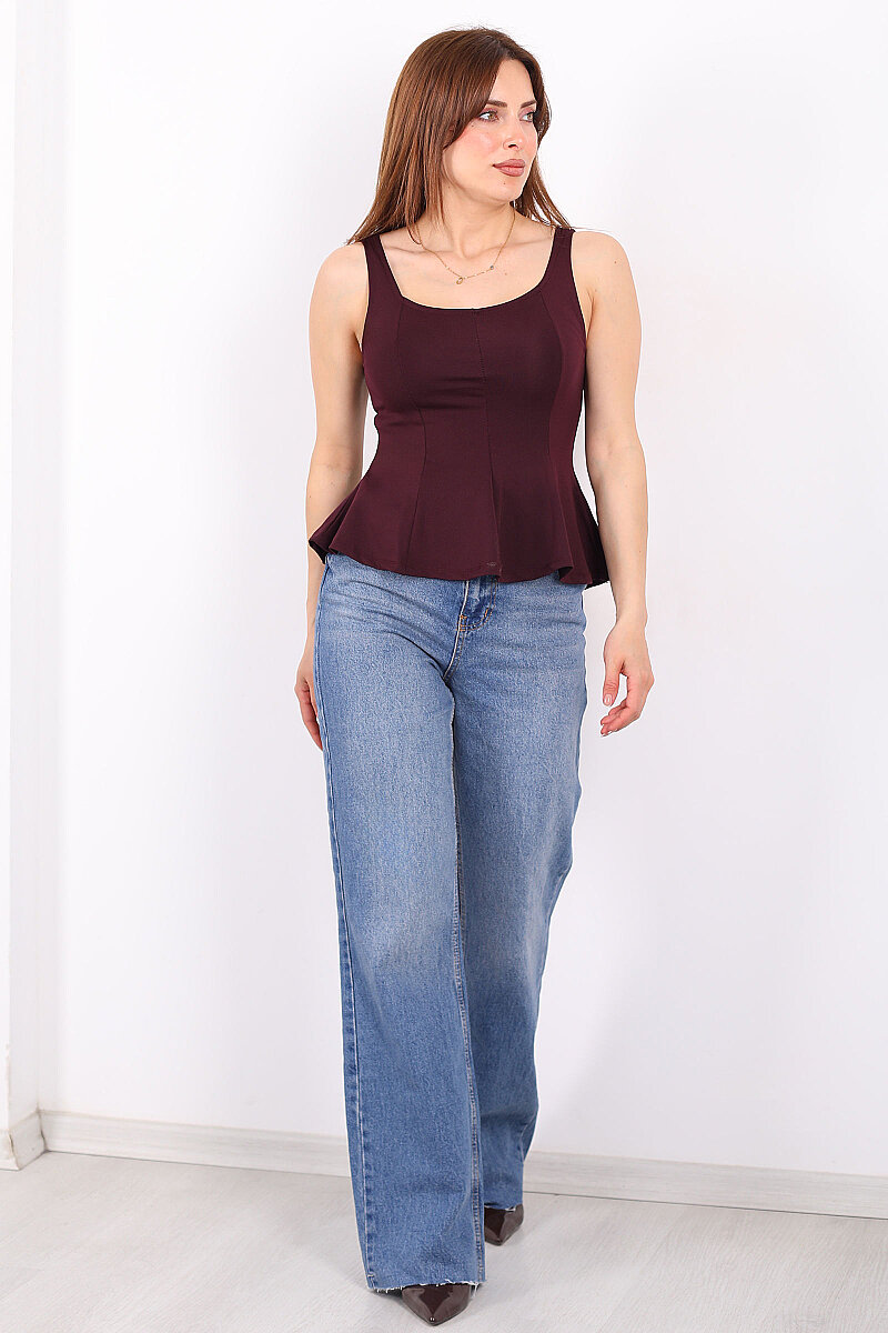 Kalın Askılı U Yaka Kadın Mürdüm Peplum Bluz - 1