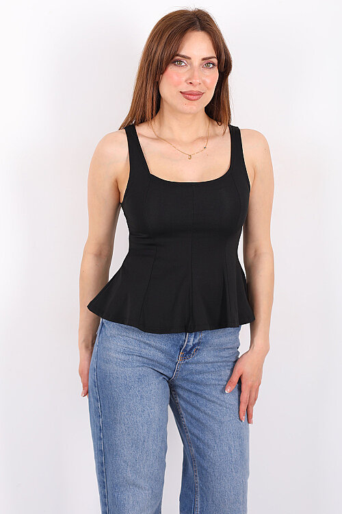 Kalın Askılı U Yaka Kadın Siyah Peplum Bluz - 6