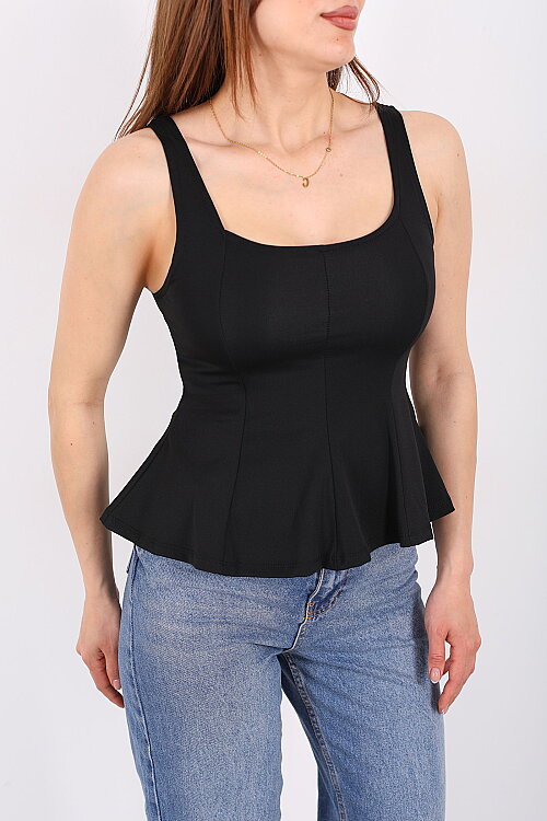 Kalın Askılı U Yaka Kadın Siyah Peplum Bluz - Berox (1)