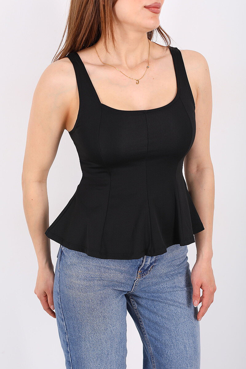 Kalın Askılı U Yaka Kadın Siyah Peplum Bluz - 2