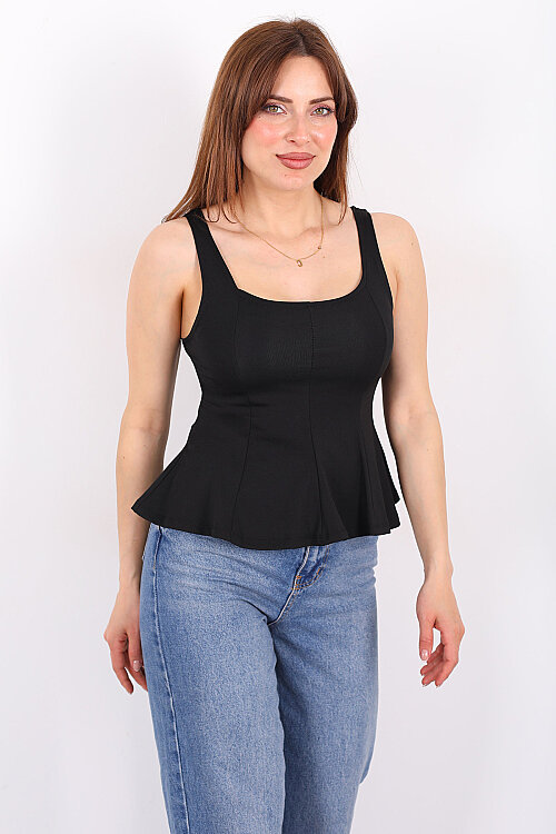 Kalın Askılı U Yaka Kadın Siyah Peplum Bluz - 3