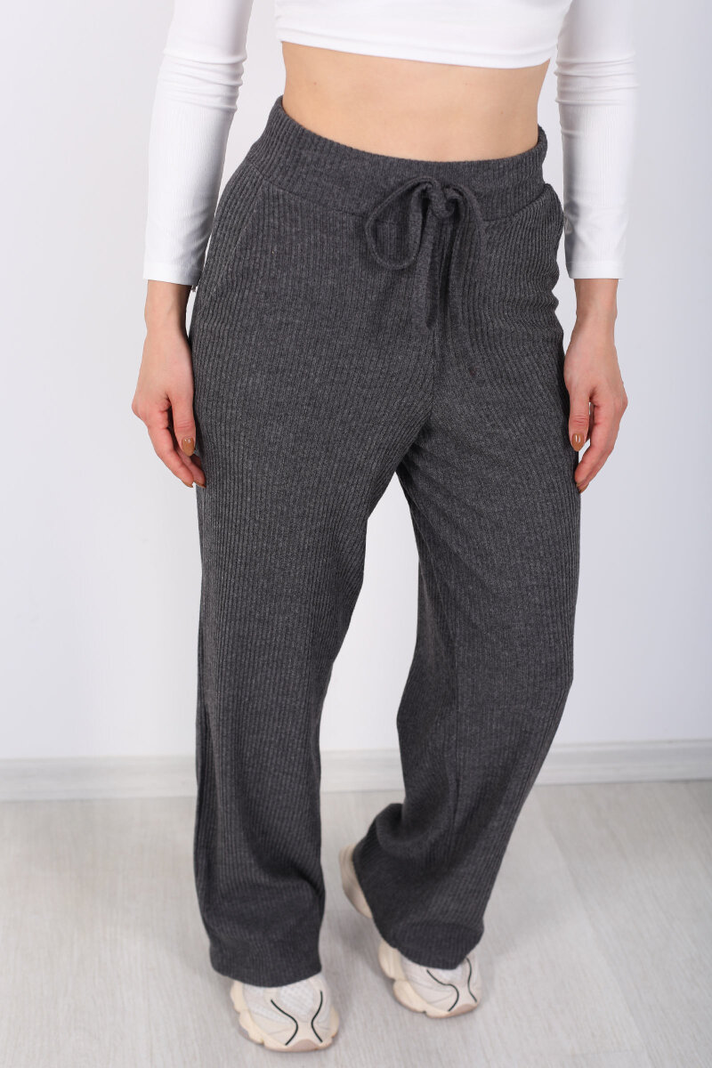 Kalın Fitilli Cepli Antrasit Kadın Örme Pantolon - 2