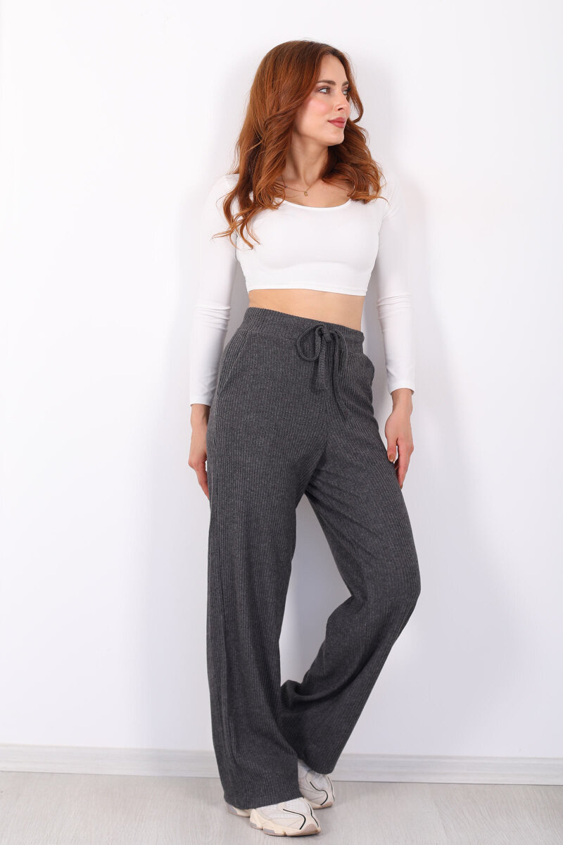 Kalın Fitilli Cepli Antrasit Kadın Örme Pantolon - 1