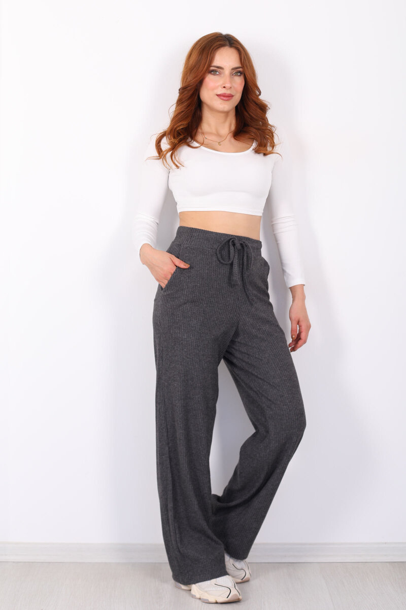 Kalın Fitilli Cepli Antrasit Kadın Örme Pantolon - 3