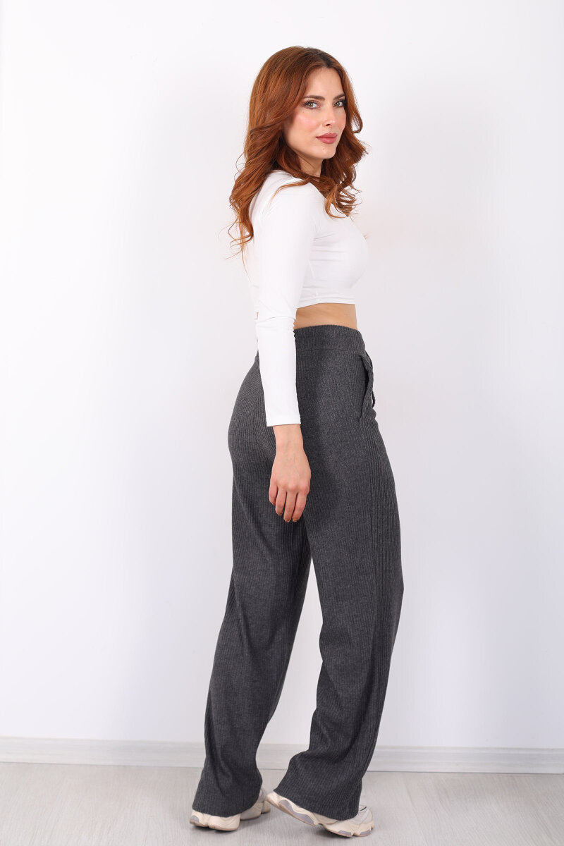 Kalın Fitilli Cepli Antrasit Kadın Örme Pantolon - 4