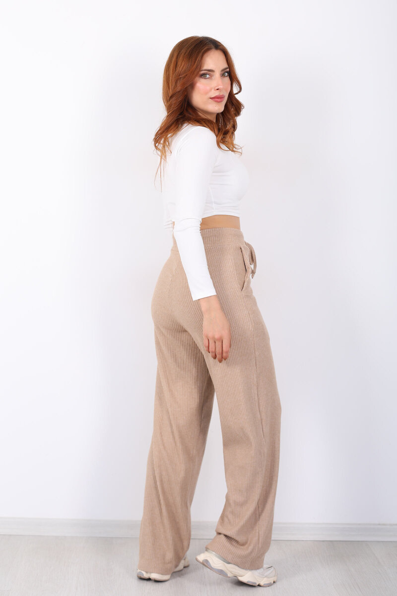 Kalın Fitilli Cepli Bej Kadın Örme Pantolon - 4