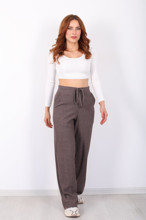 Kalın Fitilli Cepli Kahverengi Kadın Örme Pantolon - 5