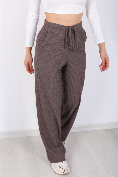 Kalın Fitilli Cepli Kahverengi Kadın Örme Pantolon - Berox (1)