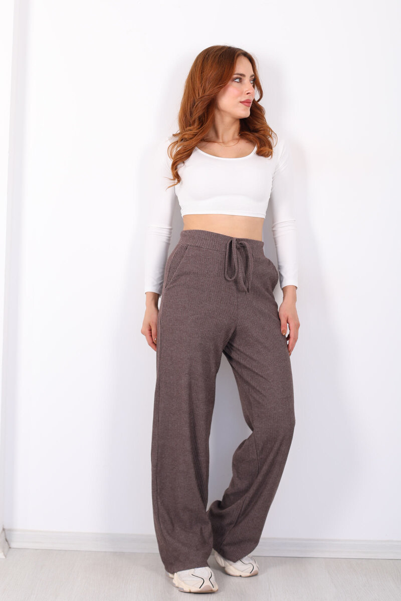 Kalın Fitilli Cepli Kahverengi Kadın Örme Pantolon - 3