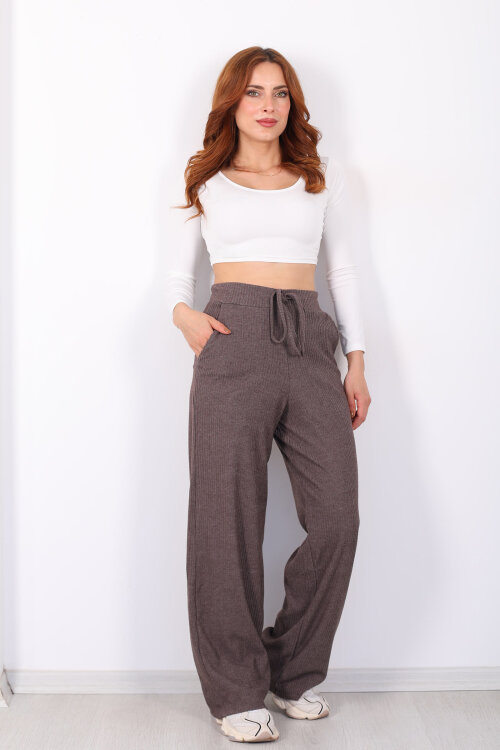 Kalın Fitilli Cepli Kahverengi Kadın Örme Pantolon - Berox