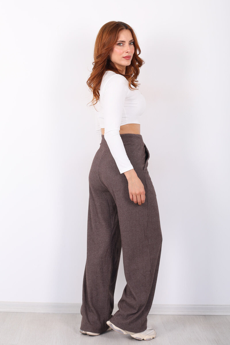 Kalın Fitilli Cepli Kahverengi Kadın Örme Pantolon - 4