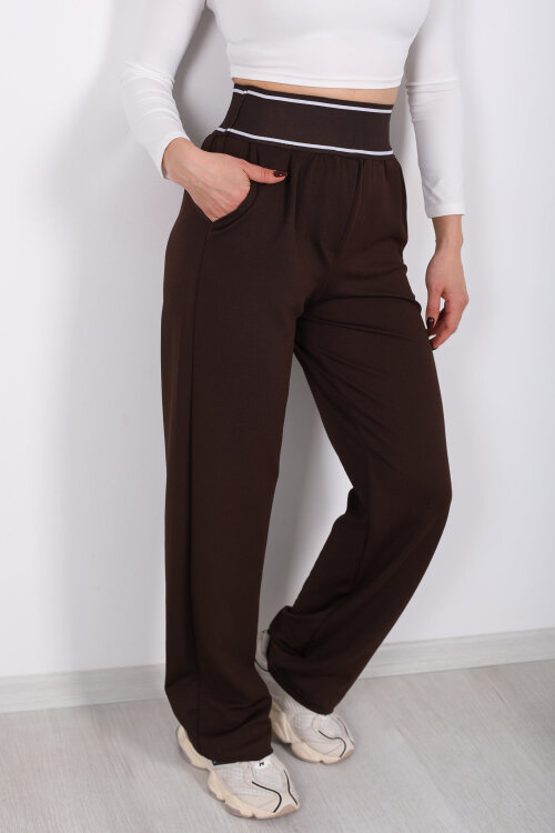 Kalın Lastikli Bol Paça Kadın Kahverengi Venedik Pantolon - Berox (1)