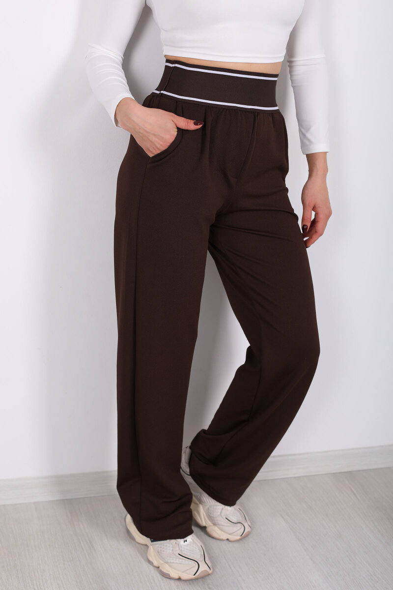 Kalın Lastikli Bol Paça Kadın Kahverengi Venedik Pantolon - 2