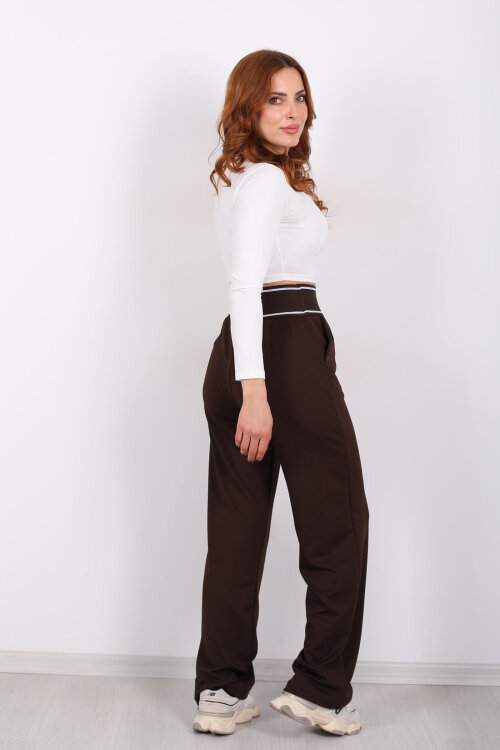 Kalın Lastikli Bol Paça Kadın Kahverengi Venedik Pantolon - 5