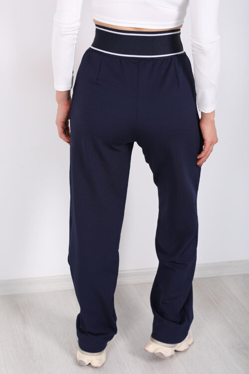 Kalın Lastikli Bol Paça Kadın Lacivert Venedik Pantolon - 5