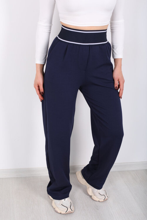 Kalın Lastikli Bol Paça Kadın Lacivert Venedik Pantolon - Berox (1)