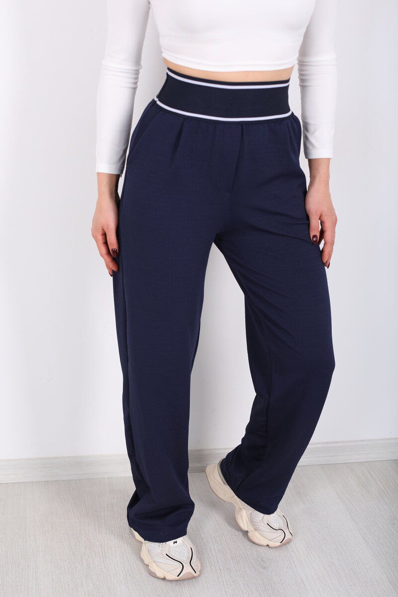 Kalın Lastikli Bol Paça Kadın Lacivert Venedik Pantolon - 2