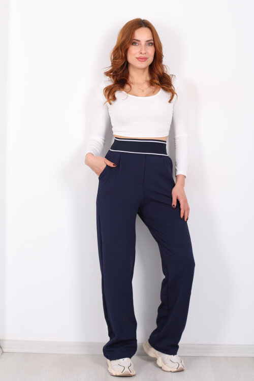 Kalın Lastikli Bol Paça Kadın Lacivert Venedik Pantolon - 3