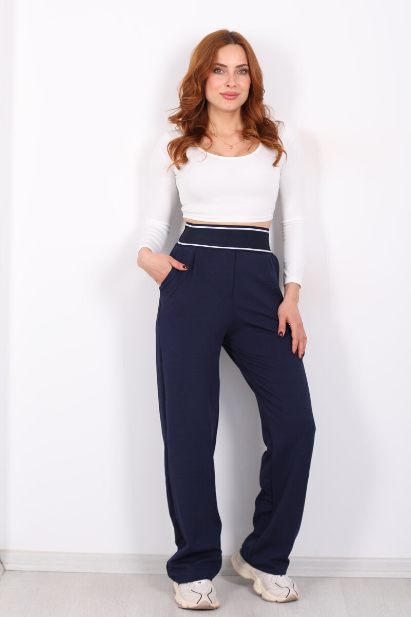 Kalın Lastikli Bol Paça Kadın Lacivert Venedik Pantolon - 3