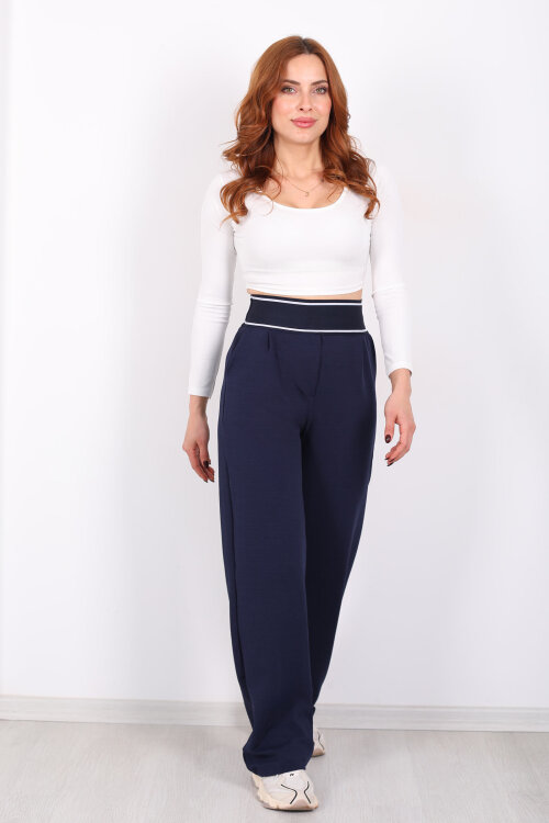 Kalın Lastikli Bol Paça Kadın Lacivert Venedik Pantolon - 4
