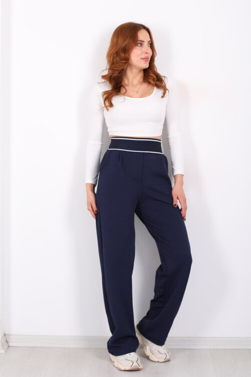 Kalın Lastikli Bol Paça Kadın Lacivert Venedik Pantolon - Berox