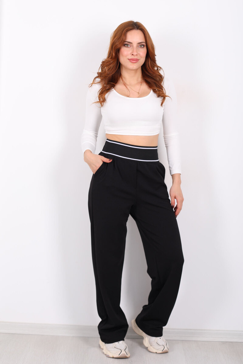 Kalın Lastikli Bol Paça Kadın Siyah Venedik Pantolon - 4