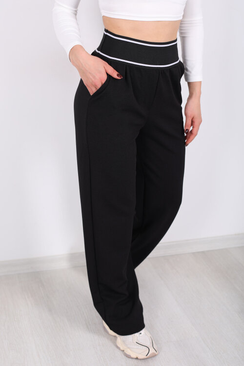 Kalın Lastikli Bol Paça Kadın Siyah Venedik Pantolon - Berox (1)