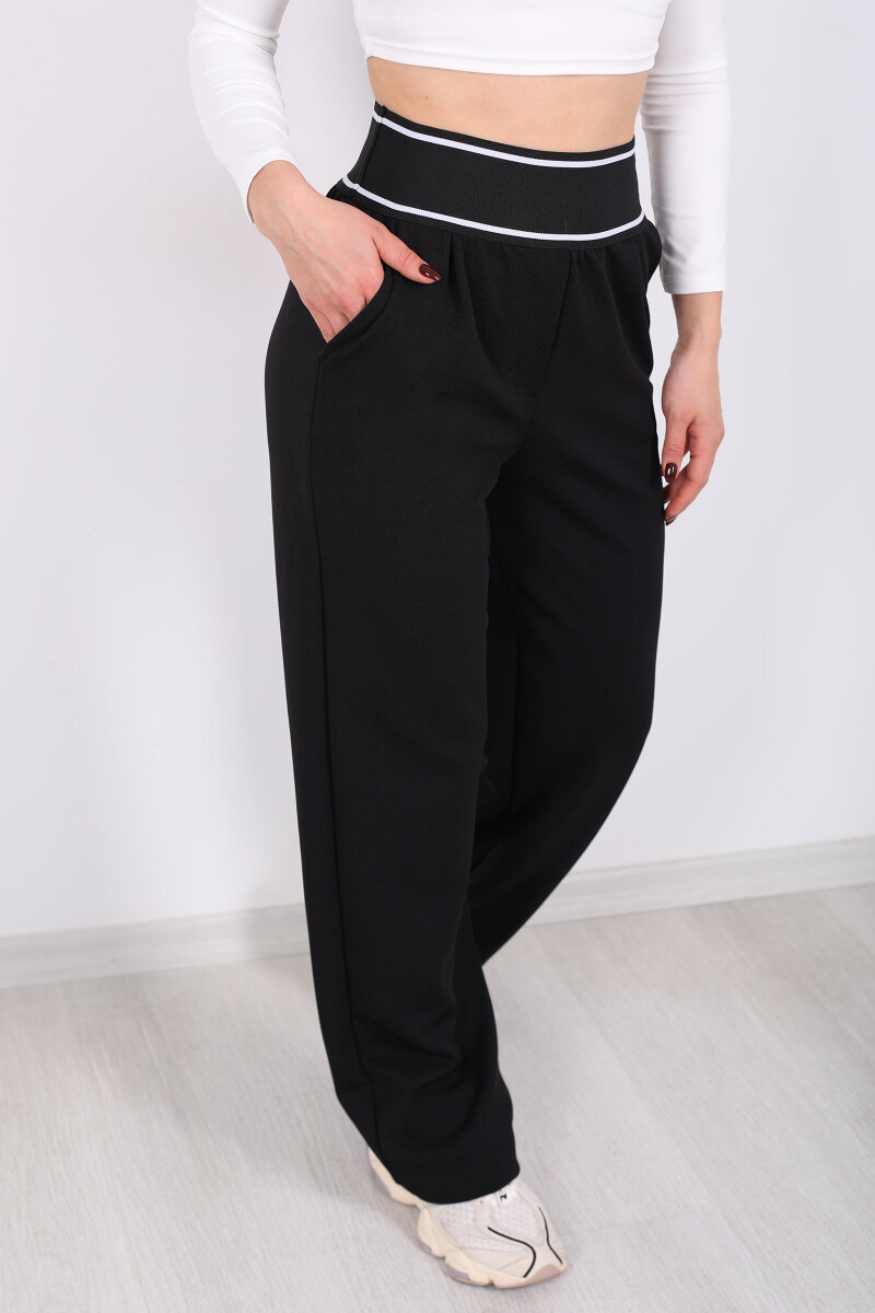 Kalın Lastikli Bol Paça Kadın Siyah Venedik Pantolon - 2