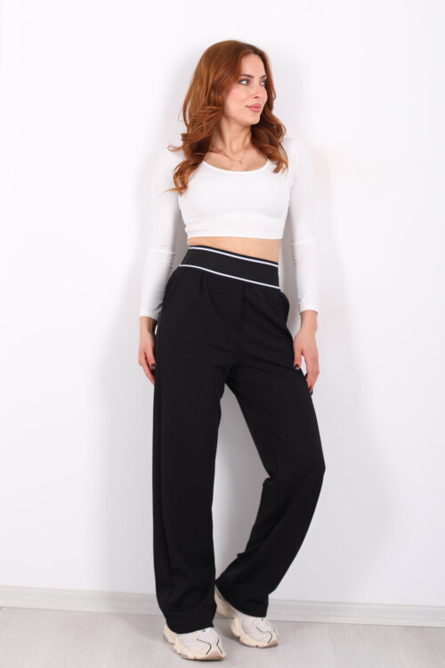 Kalın Lastikli Bol Paça Kadın Siyah Venedik Pantolon - 3