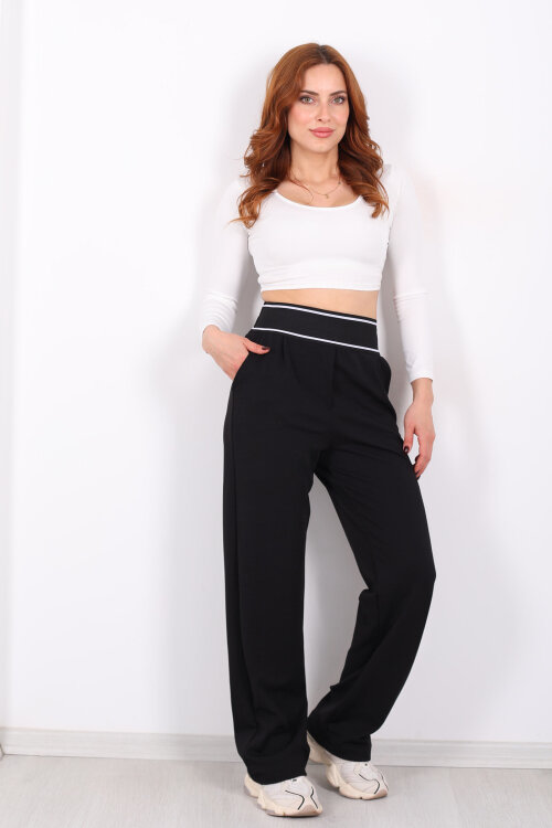 Kalın Lastikli Bol Paça Kadın Siyah Venedik Pantolon - 6