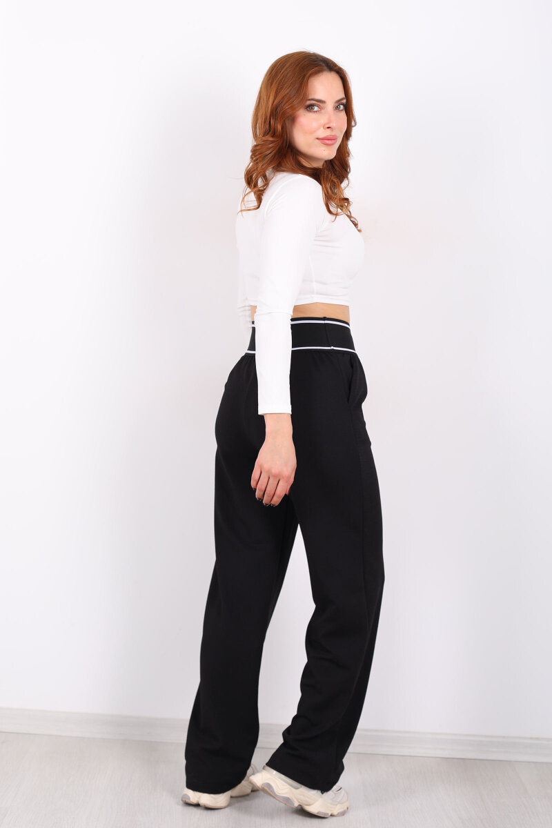 Kalın Lastikli Bol Paça Kadın Siyah Venedik Pantolon - 5