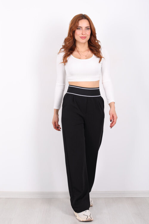 Kalın Lastikli Bol Paça Kadın Siyah Venedik Pantolon - Berox