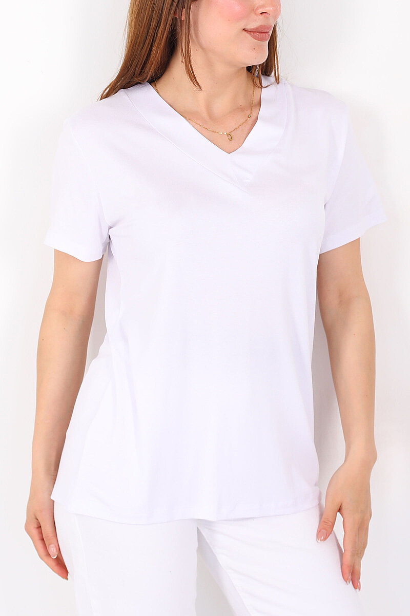 Kalın V-Yaka Kısa Kol Beyaz Kadın Oversize T-Shirt - 2