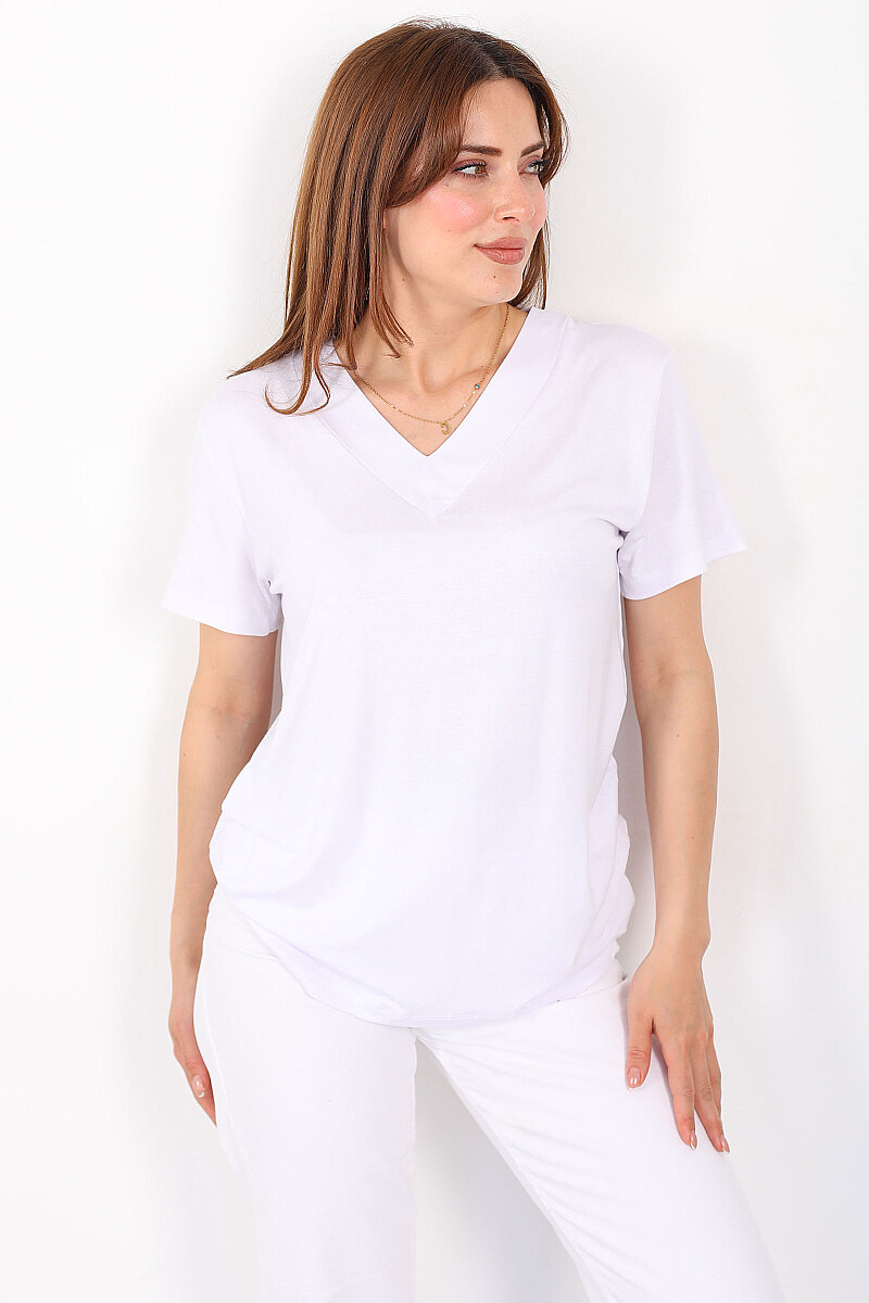 Kalın V-Yaka Kısa Kol Beyaz Kadın Oversize T-Shirt - 4