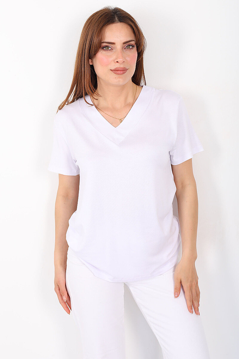 Kalın V-Yaka Kısa Kol Beyaz Kadın Oversize T-Shirt - 6