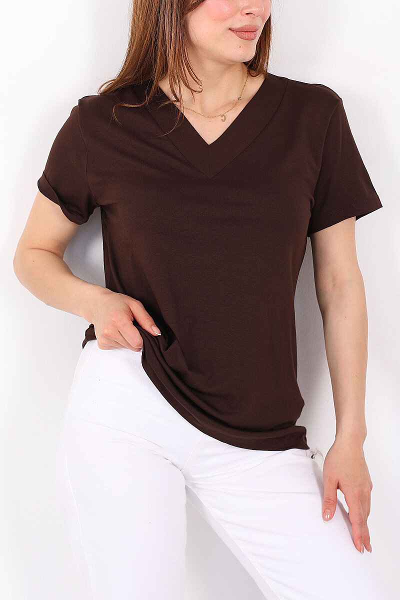 Kalın V-Yaka Kısa Kol Kahverengi Kadın Oversize T-Shirt - 2