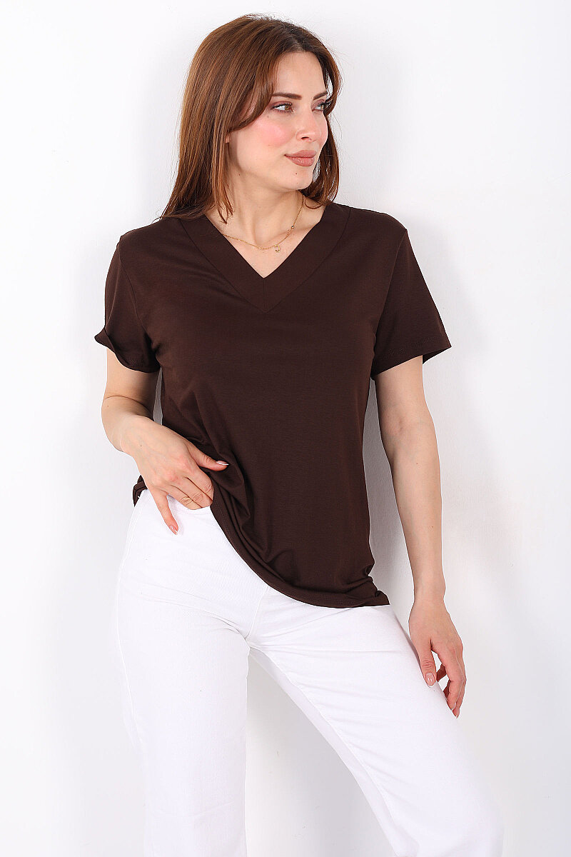 Kalın V-Yaka Kısa Kol Kahverengi Kadın Oversize T-Shirt - 5