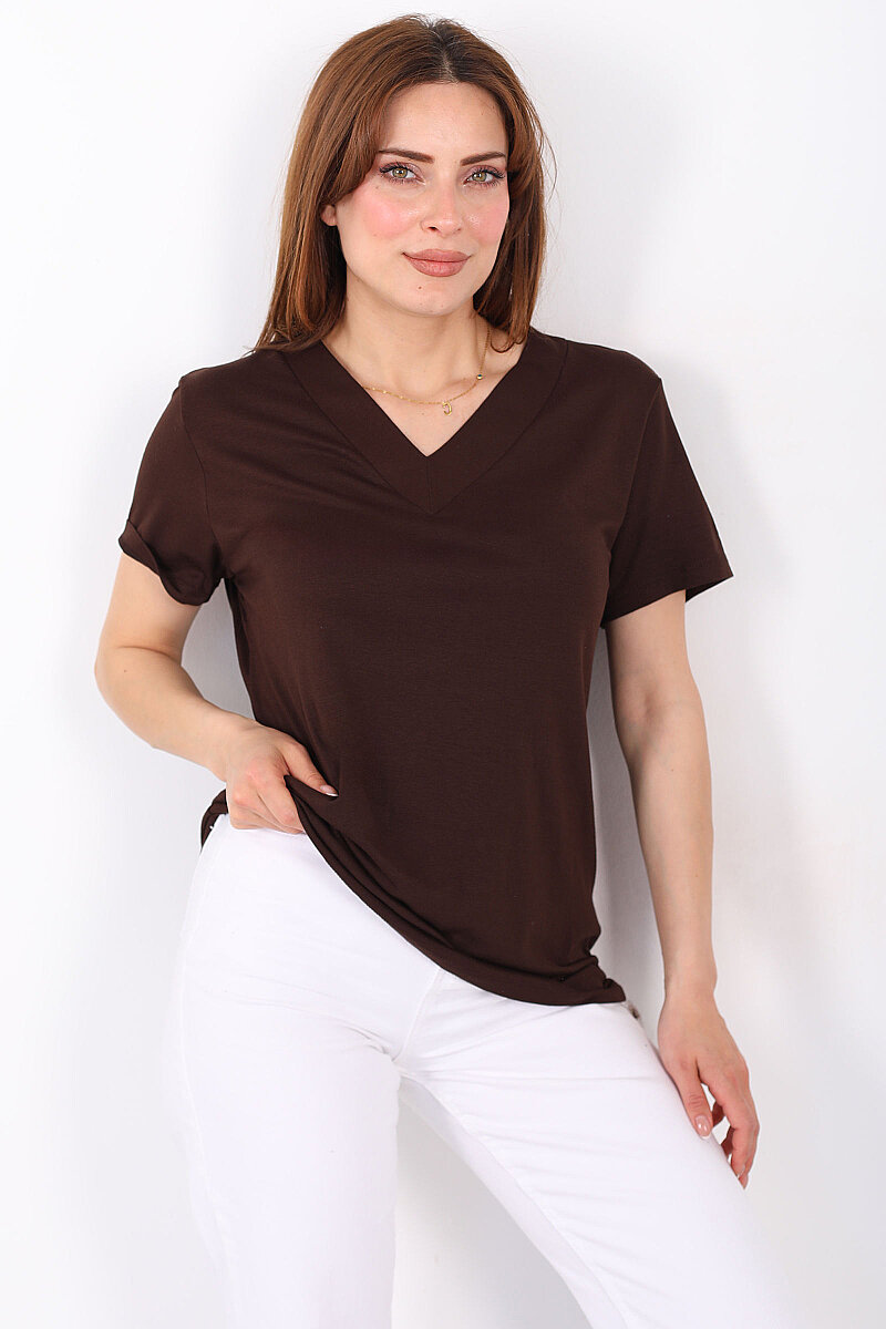 Kalın V-Yaka Kısa Kol Kahverengi Kadın Oversize T-Shirt - 1
