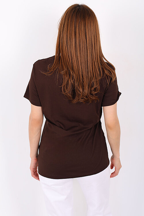 Kalın V-Yaka Kısa Kol Kahverengi Kadın Oversize T-Shirt - 4