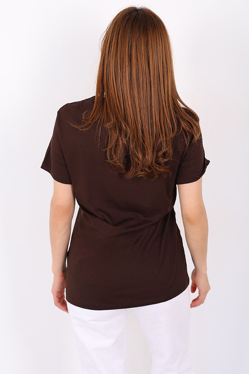 Kalın V-Yaka Kısa Kol Kahverengi Kadın Oversize T-Shirt - 4