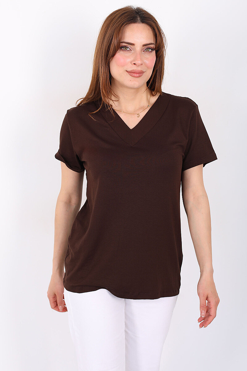 Kalın V-Yaka Kısa Kol Kahverengi Kadın Oversize T-Shirt - 3