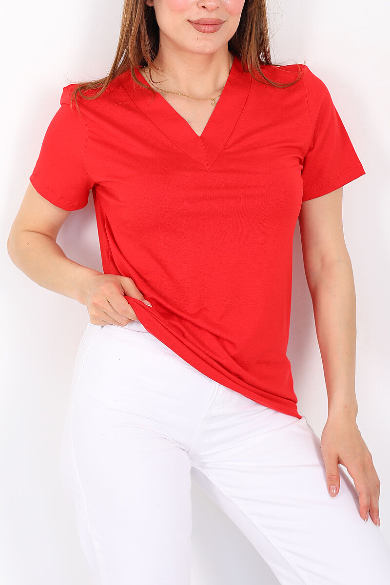 Kalın V-Yaka Kısa Kol Kırmızı Kadın Oversize T-Shirt - 2
