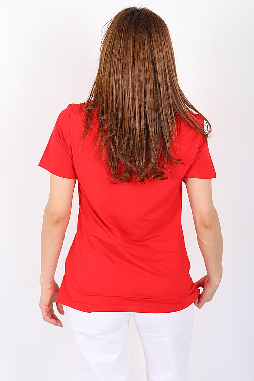Kalın V-Yaka Kısa Kol Kırmızı Kadın Oversize T-Shirt - 4
