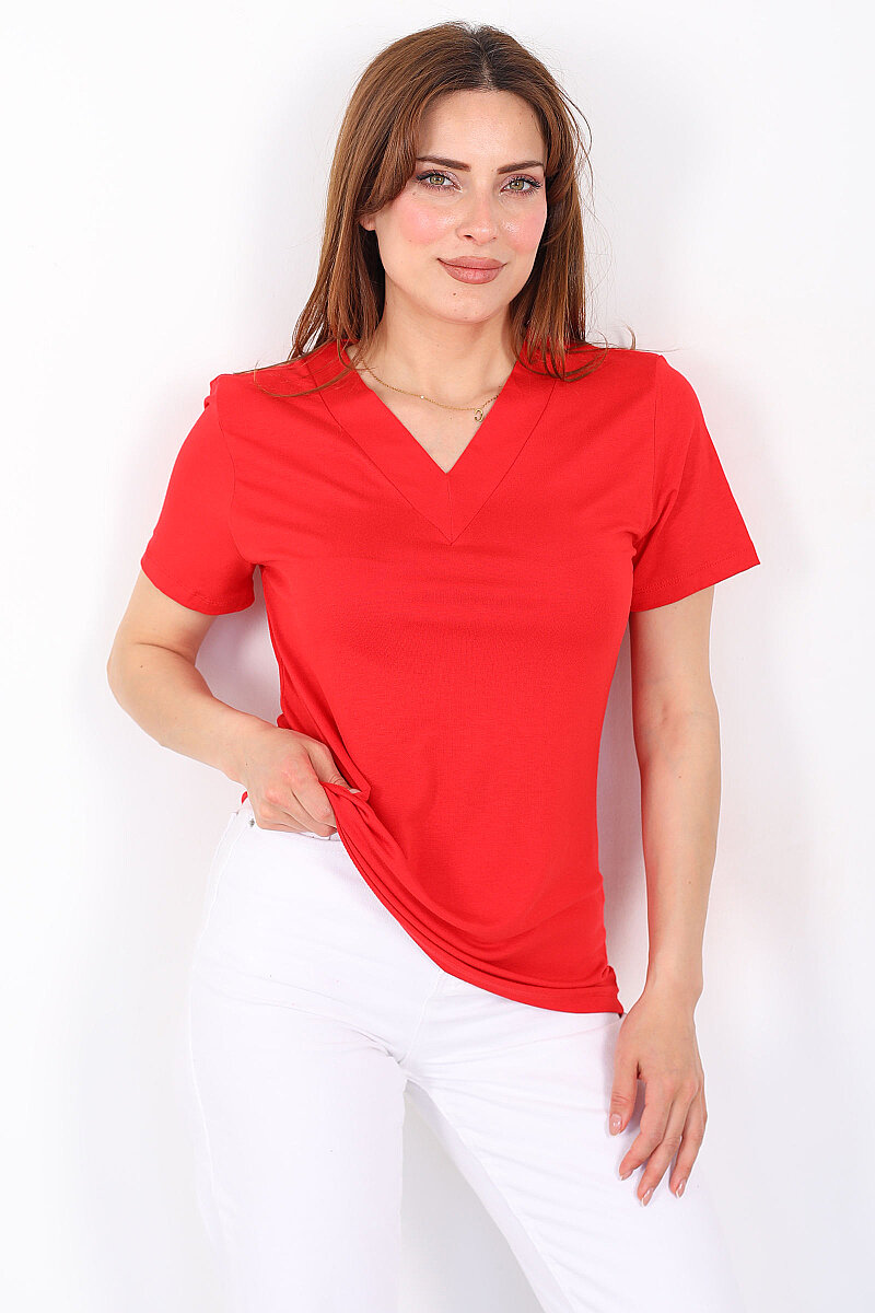 Kalın V-Yaka Kısa Kol Kırmızı Kadın Oversize T-Shirt - 3