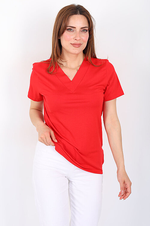 Kalın V-Yaka Kısa Kol Kırmızı Kadın Oversize T-Shirt - 5