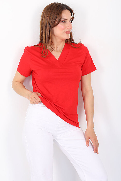 Kalın V-Yaka Kısa Kol Kırmızı Kadın Oversize T-Shirt - Berox