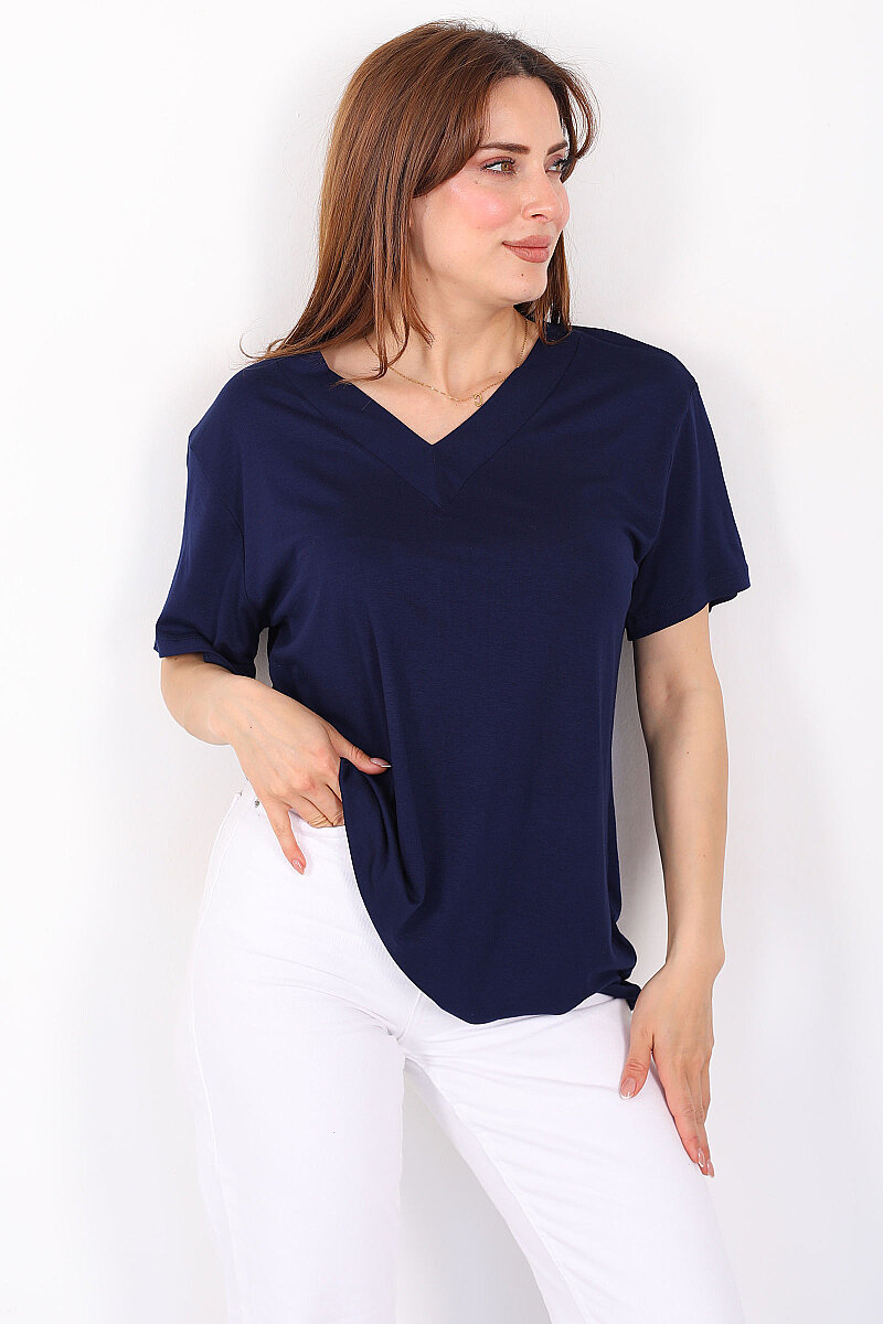 Kalın V-Yaka Kısa Kol Lacivert Kadın Oversize T-Shirt - 3