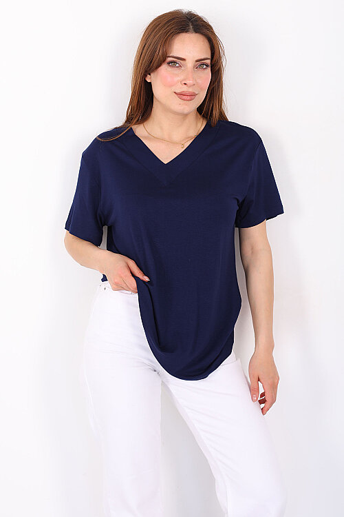 Kalın V-Yaka Kısa Kol Lacivert Kadın Oversize T-Shirt - 5