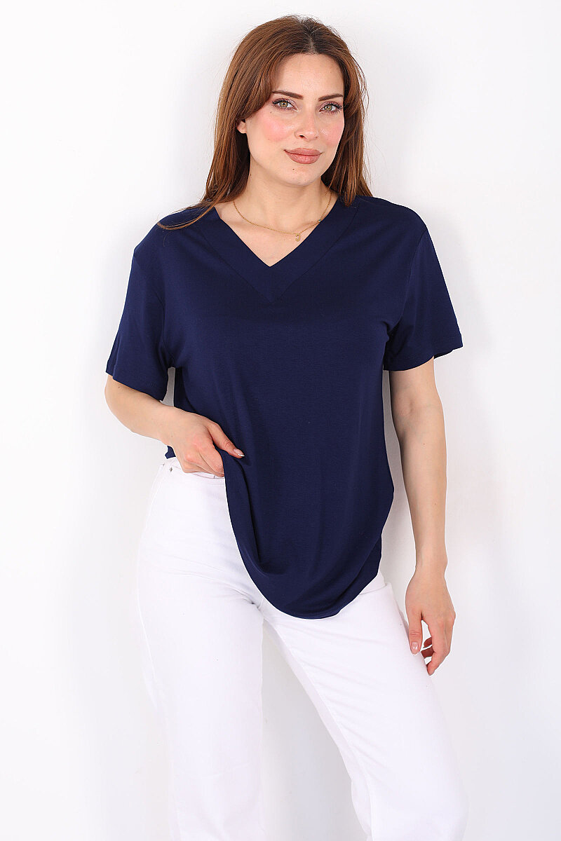 Kalın V-Yaka Kısa Kol Lacivert Kadın Oversize T-Shirt - 5