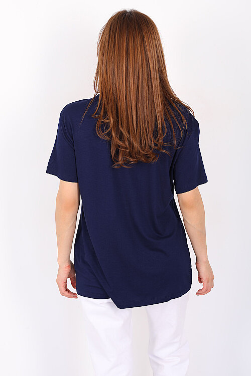 Kalın V-Yaka Kısa Kol Lacivert Kadın Oversize T-Shirt - 4